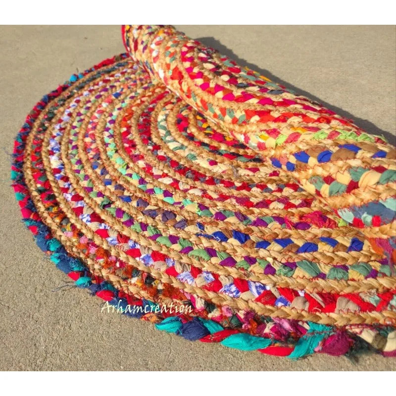 Handmade Braided Jute Floor Rug – Bohemian Indian Area Carpet for Home Décor - Interior Rug
