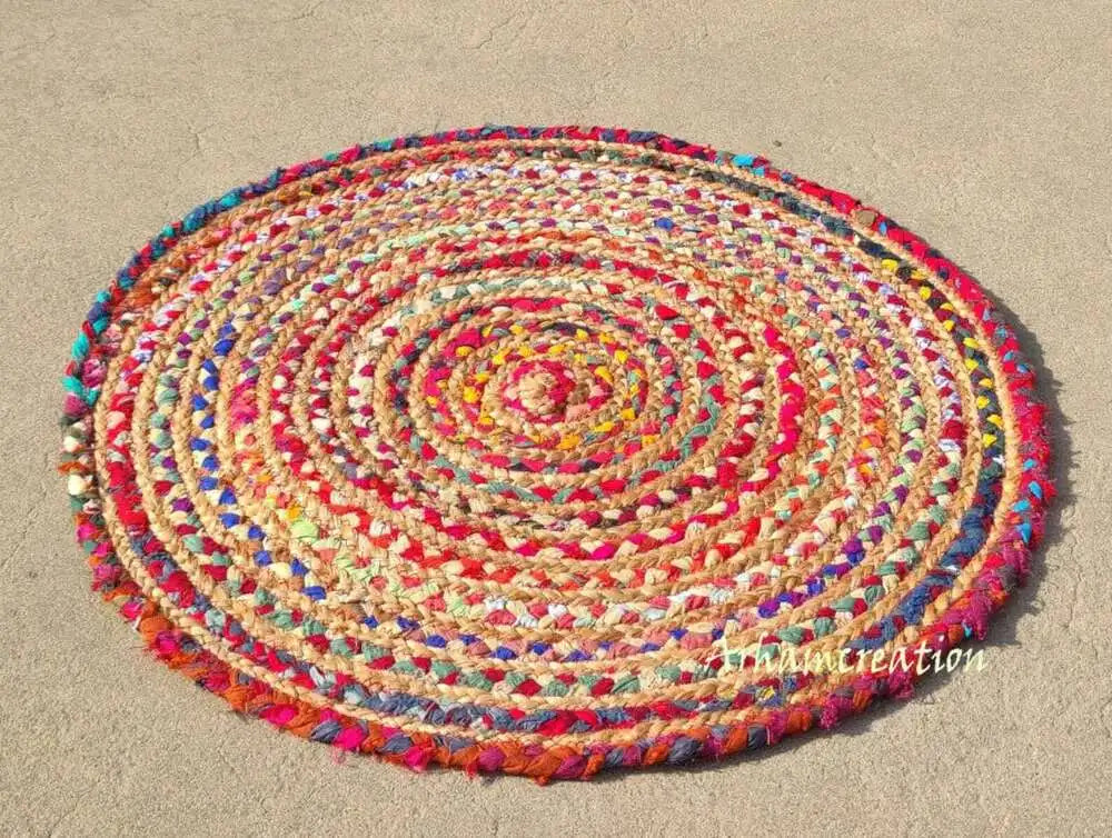 Handmade Braided Jute Floor Rug – Bohemian Indian Area Carpet for Home Décor - Red / 60x60cm - Interior Rug