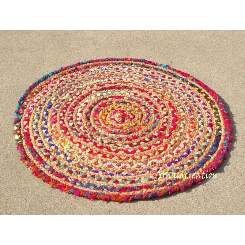 Handmade Braided Jute Floor Rug – Bohemian Indian Area Carpet for Home Décor - Interior Rug