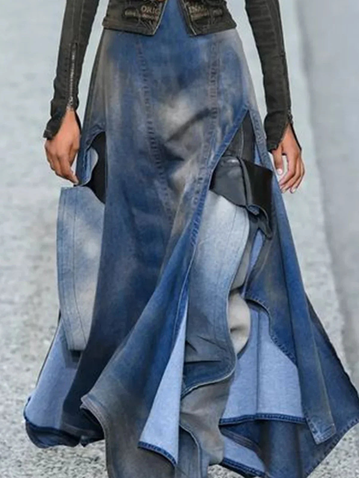 High Waist Patchwork Denim Skirt for Women - Sexy Irregular M-Shaped Slit Elegant Y2K Party Skirt 2024 Fashion - Maxi