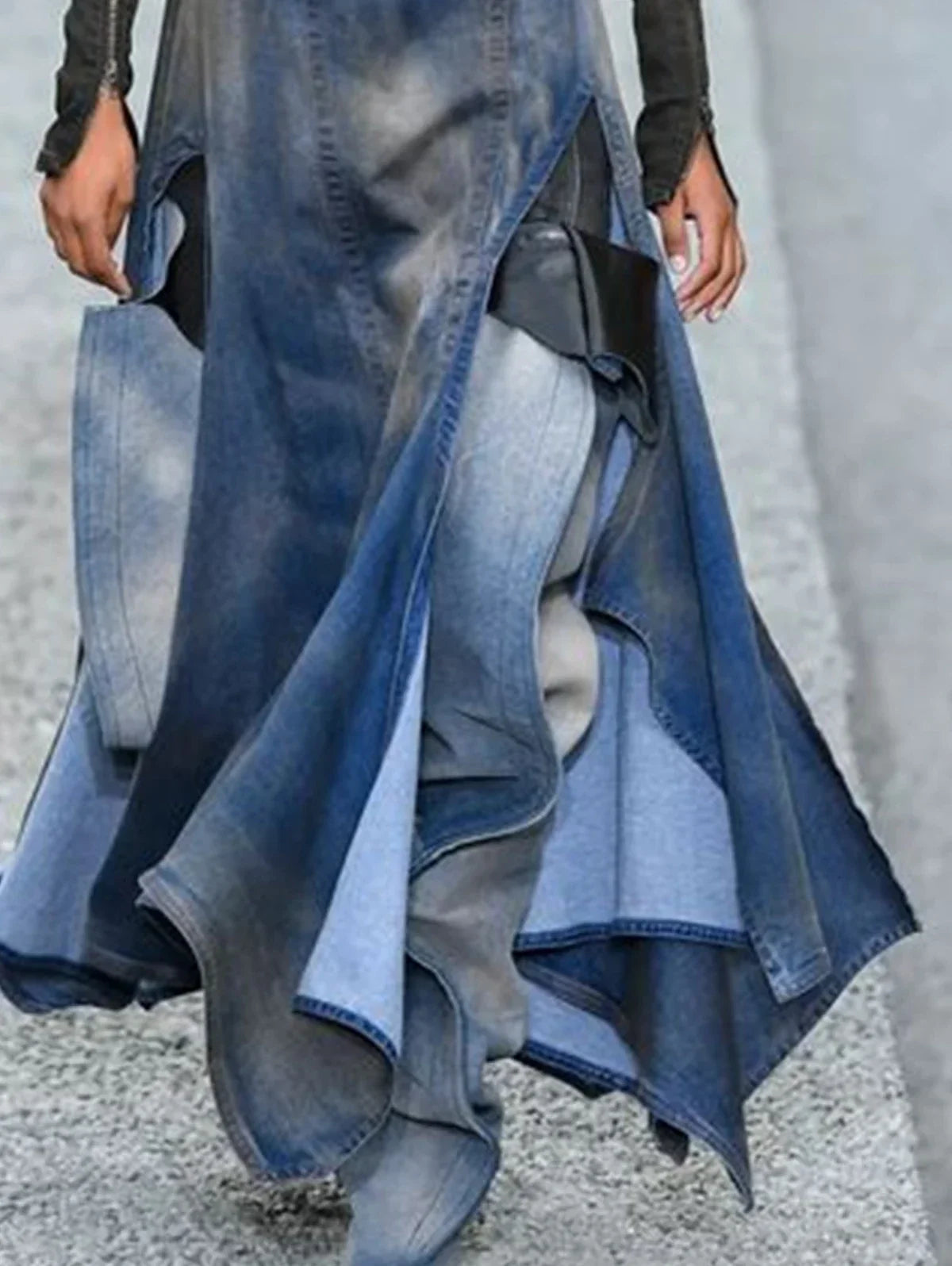 High Waist Patchwork Denim Skirt for Women - Sexy Irregular M-Shaped Slit Elegant Y2K Party Skirt 2024 Fashion - Maxi