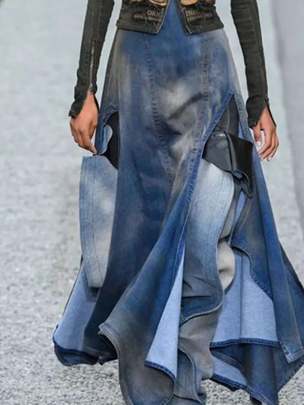 High Waist Patchwork Denim Skirt for Women - Sexy Irregular M-Shaped Slit Elegant Y2K Party Skirt 2024 Fashion - Maxi