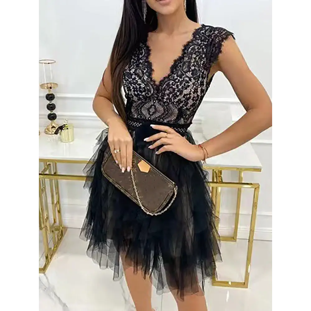 Lace Patchwork Asymmetrical White Boho Dress Femme Sexy Sleeveless Slim Fit Party Dress Solid Summer Backless V Neck