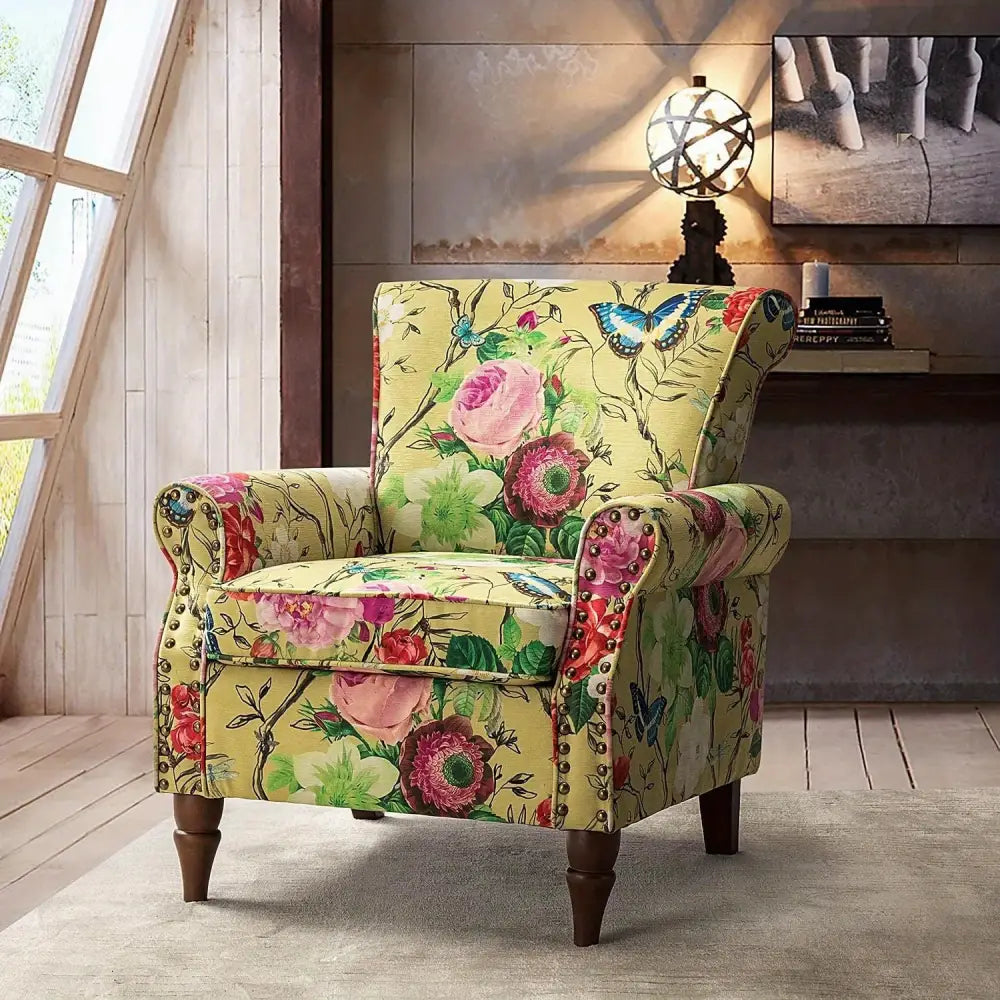 Modern Wingback Accent Chair with Wood Legs & Removable Cushion - Floral Upholstered Armchair with Nailhead Trim