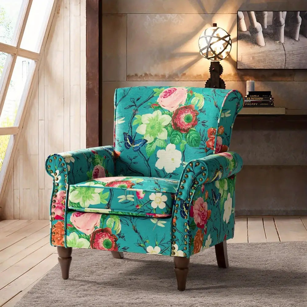 Modern Wingback Accent Chair with Wood Legs & Removable Cushion - Floral Upholstered Armchair with Nailhead Trim