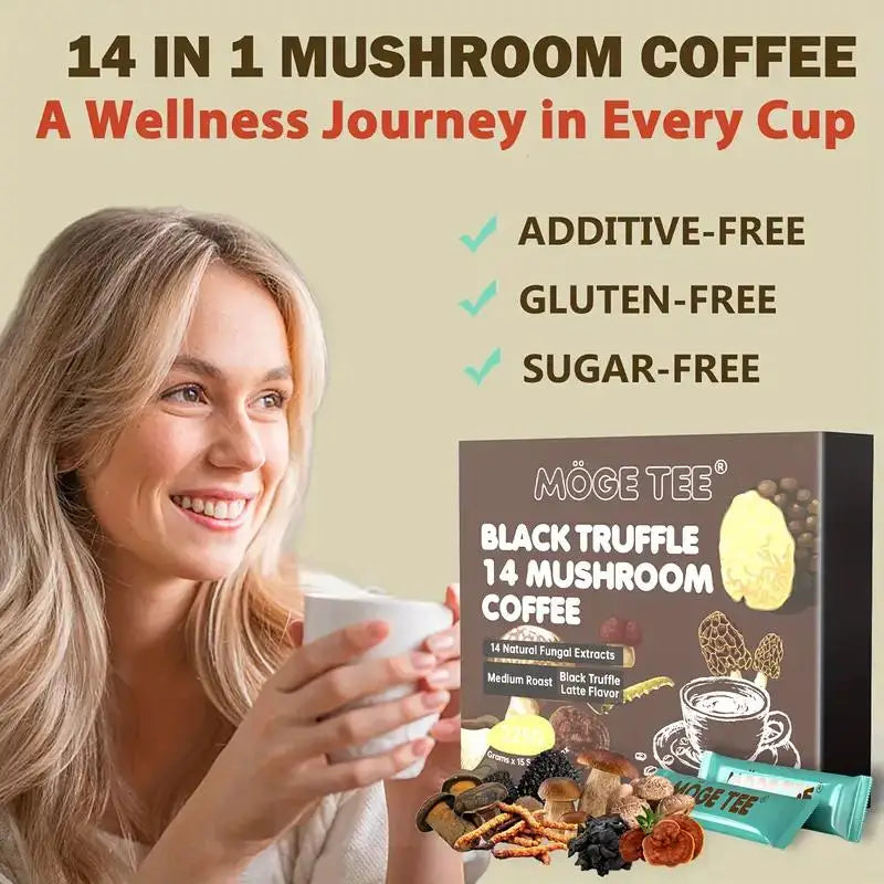MOGE TEE 14 Mushroom Coffee Black Truffle Latte Cold Brew Arabica 8OZ (15 Packets) - Mushroom Coffee