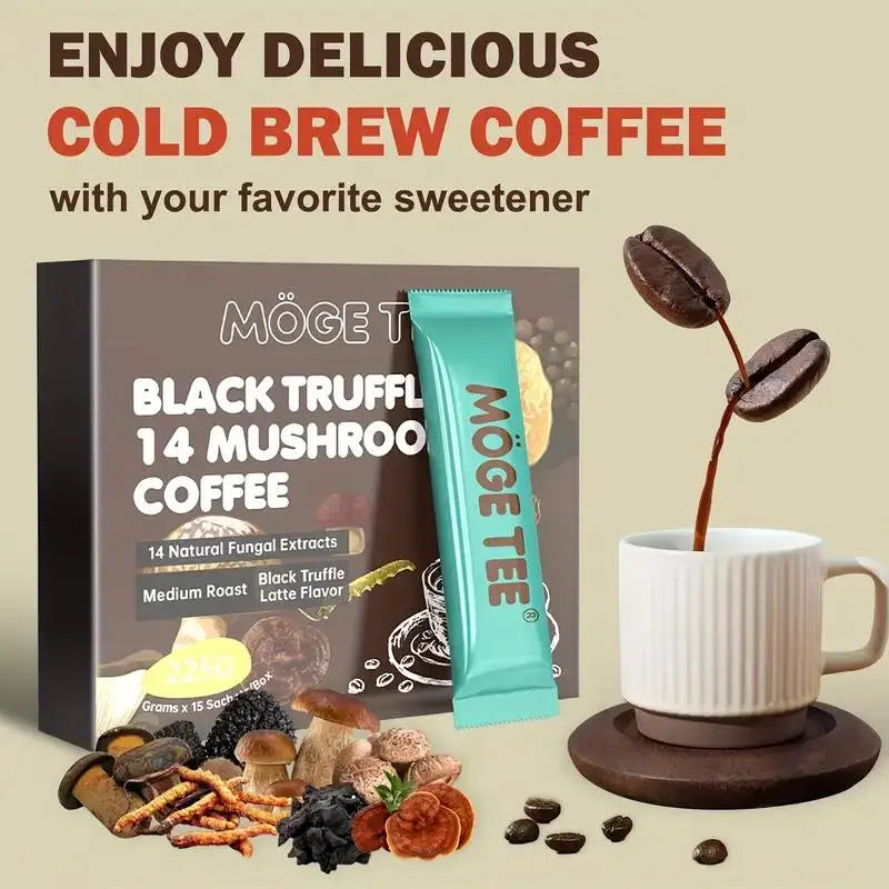 MOGE TEE 14 Mushroom Coffee Black Truffle Latte Cold Brew Arabica 8OZ (15 Packets) - Mushroom Coffee