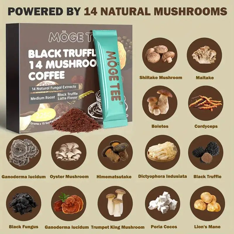 MOGE TEE 14 Mushroom Coffee Black Truffle Latte Cold Brew Arabica 8OZ (15 Packets) - Mushroom Coffee