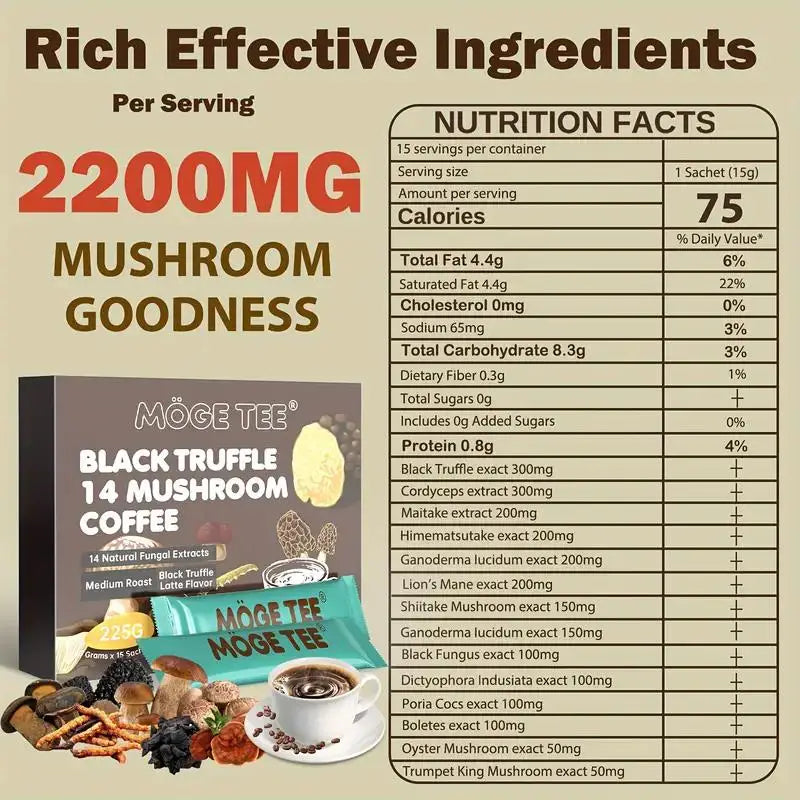 MOGE TEE 14 Mushroom Coffee Black Truffle Latte Cold Brew Arabica 8OZ (15 Packets) - Mushroom Coffee