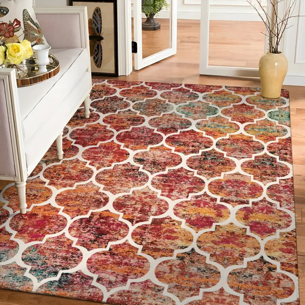 Moroccan Area Rug - Machine Washable Non-Slip Low-Pile Rug for Living Room Bedroom Entryway and More - Colorful