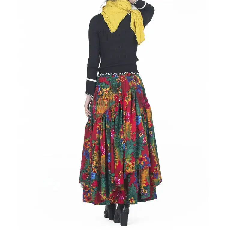 Patchwork Flower Print Long Cotton Linen Skirt Women Elastic Waist Autumn Irregular Maxi Skirt - customized