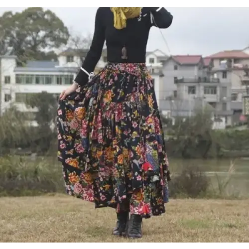 Patchwork Flower Print Long Cotton Linen Skirt Women Elastic Waist Autumn Irregular Maxi Skirt - 22 / One Size
