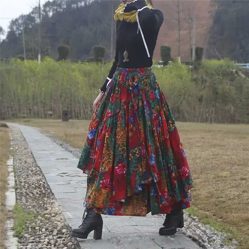 Patchwork Flower Print Long Cotton Linen Skirt Women Elastic Waist Autumn Irregular Maxi Skirt - customized