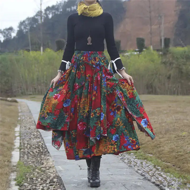 Patchwork Flower Print Long Cotton Linen Skirt Women Elastic Waist Autumn Irregular Maxi Skirt - customized
