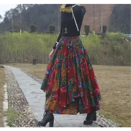 Patchwork Flower Print Long Cotton Linen Skirt Women Elastic Waist Autumn Irregular Maxi Skirt - 61 / One Size