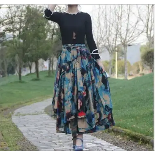 Patchwork Flower Print Long Cotton Linen Skirt Women Elastic Waist Autumn Irregular Maxi Skirt - 43 / One Size