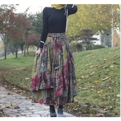Patchwork Flower Print Long Cotton Linen Skirt Women Elastic Waist Autumn Irregular Maxi Skirt - 34 / One Size