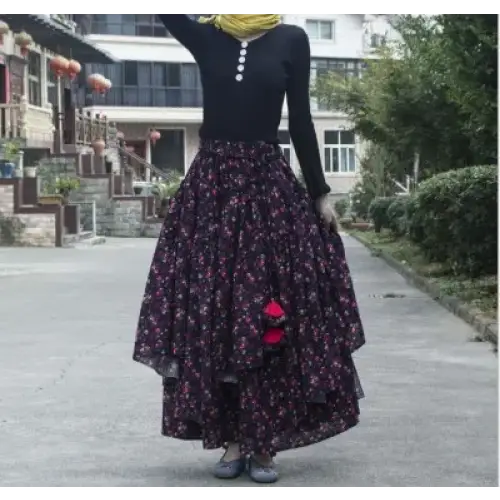 Patchwork Flower Print Long Cotton Linen Skirt Women Elastic Waist Autumn Irregular Maxi Skirt - 39 / One Size