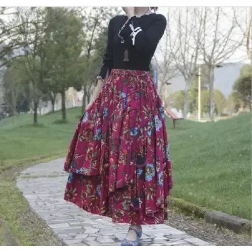 Patchwork Flower Print Long Cotton Linen Skirt Women Elastic Waist Autumn Irregular Maxi Skirt - 68 / One Size