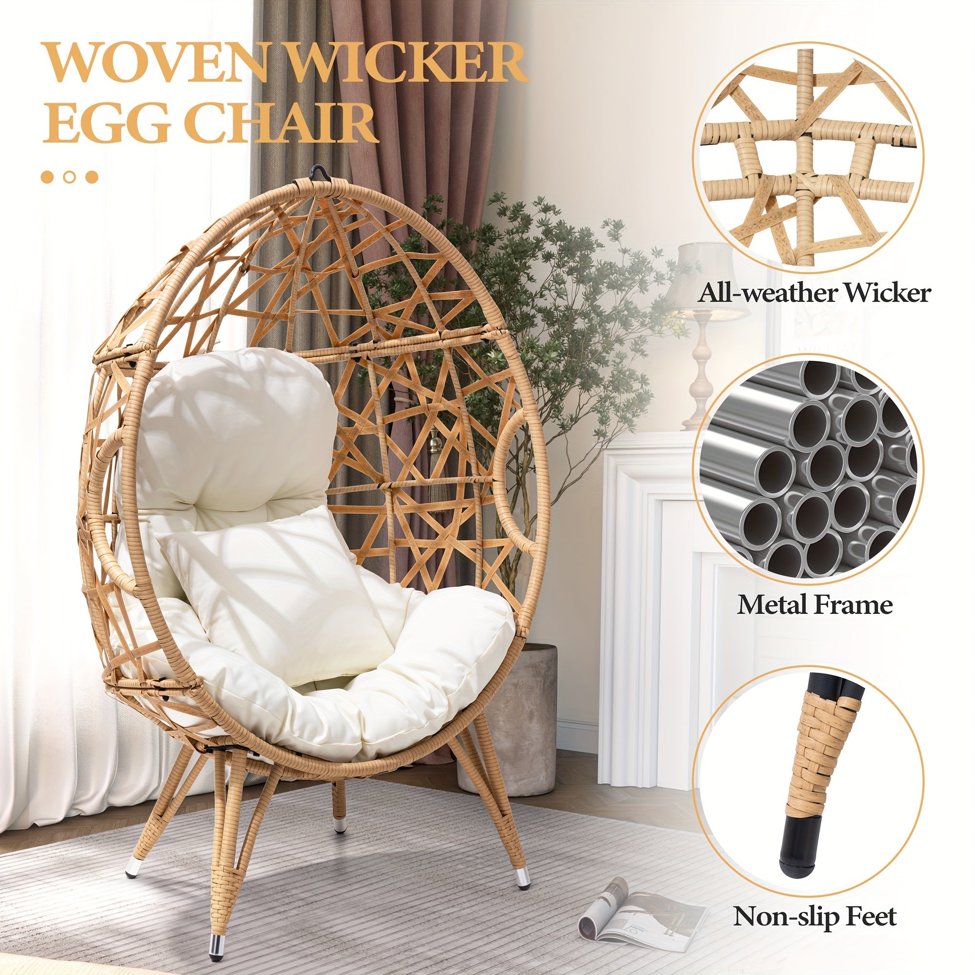 Patio Wicker Egg Chair with Cushion and Pillow Oversized Rattan Hanging Basket Lounge Chair with Legs Teardrop Cuddle