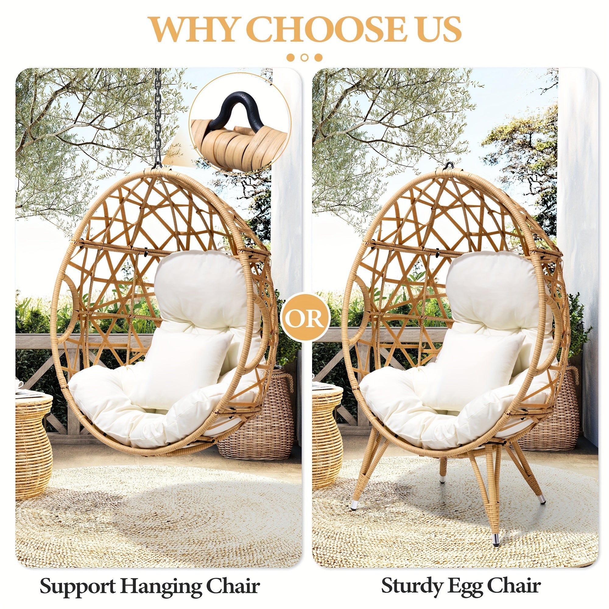 Patio Wicker Egg Chair with Cushion and Pillow Oversized Rattan Hanging Basket Lounge Chair with Legs Teardrop Cuddle