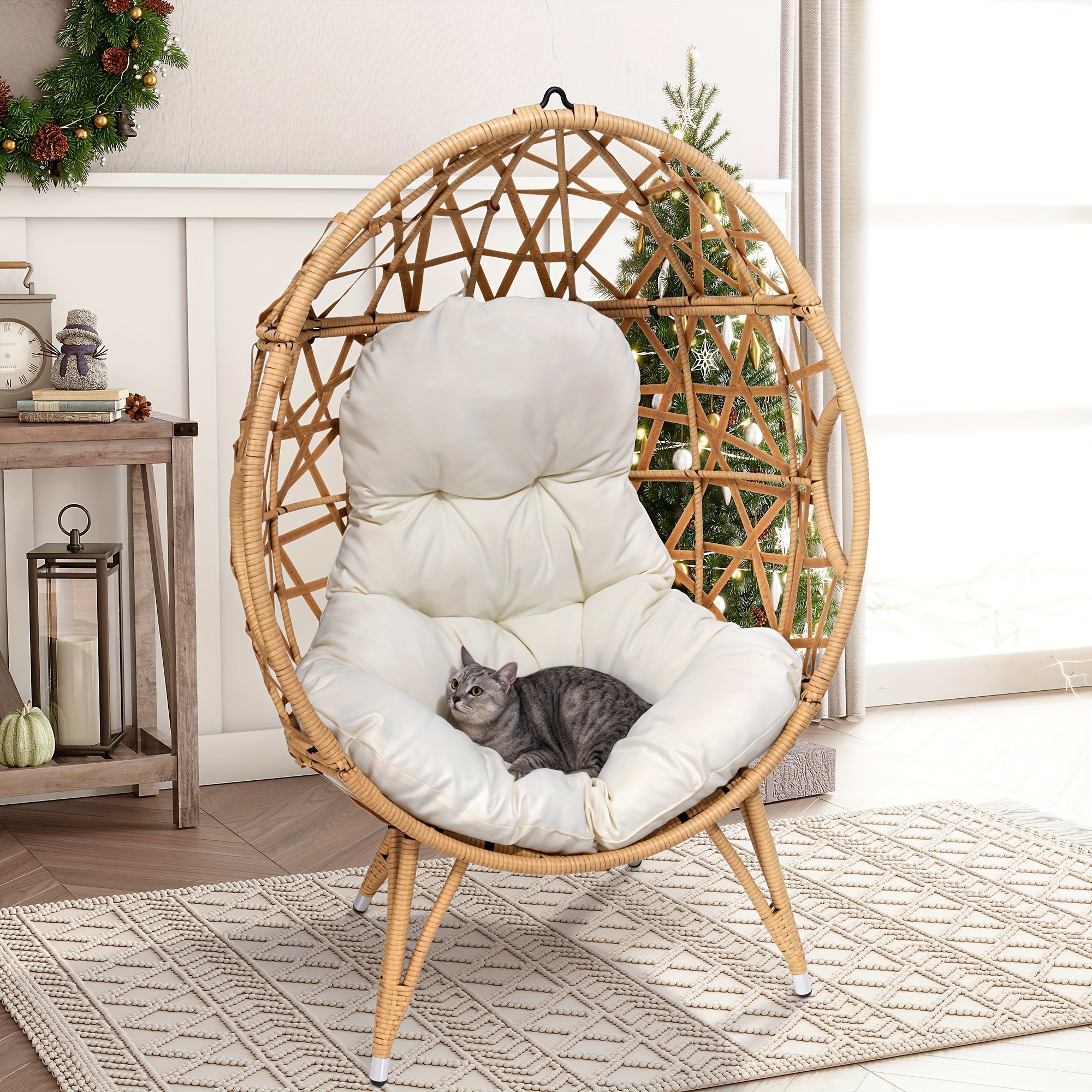 Patio Wicker Egg Chair with Cushion and Pillow Oversized Rattan Hanging Basket Lounge Chair with Legs Teardrop Cuddle