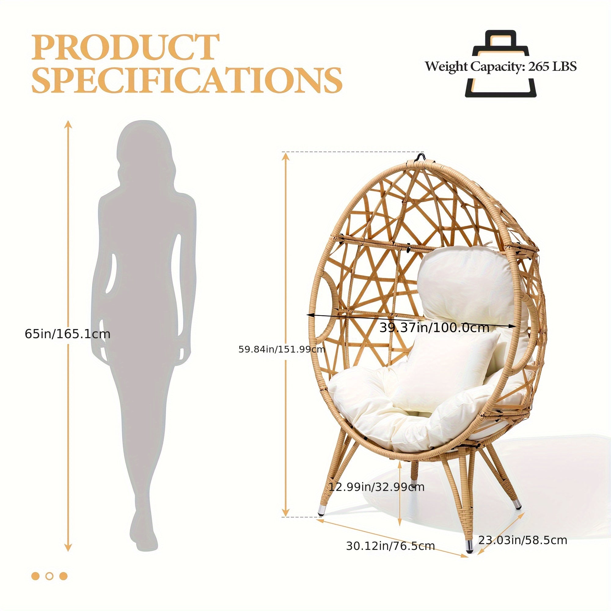 Patio Wicker Egg Chair with Cushion and Pillow Oversized Rattan Hanging Basket Lounge Chair with Legs Teardrop Cuddle