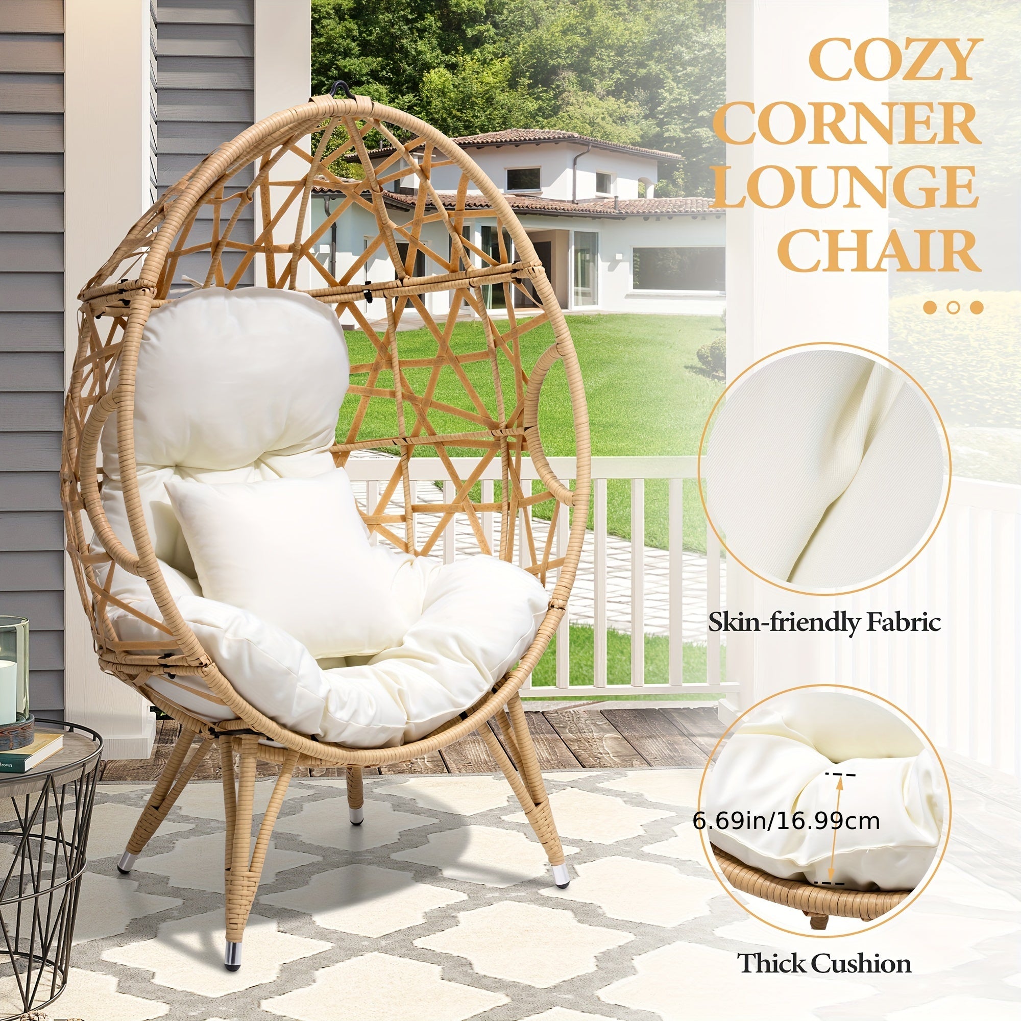 Patio Wicker Egg Chair with Cushion and Pillow Oversized Rattan Hanging Basket Lounge Chair with Legs Teardrop Cuddle