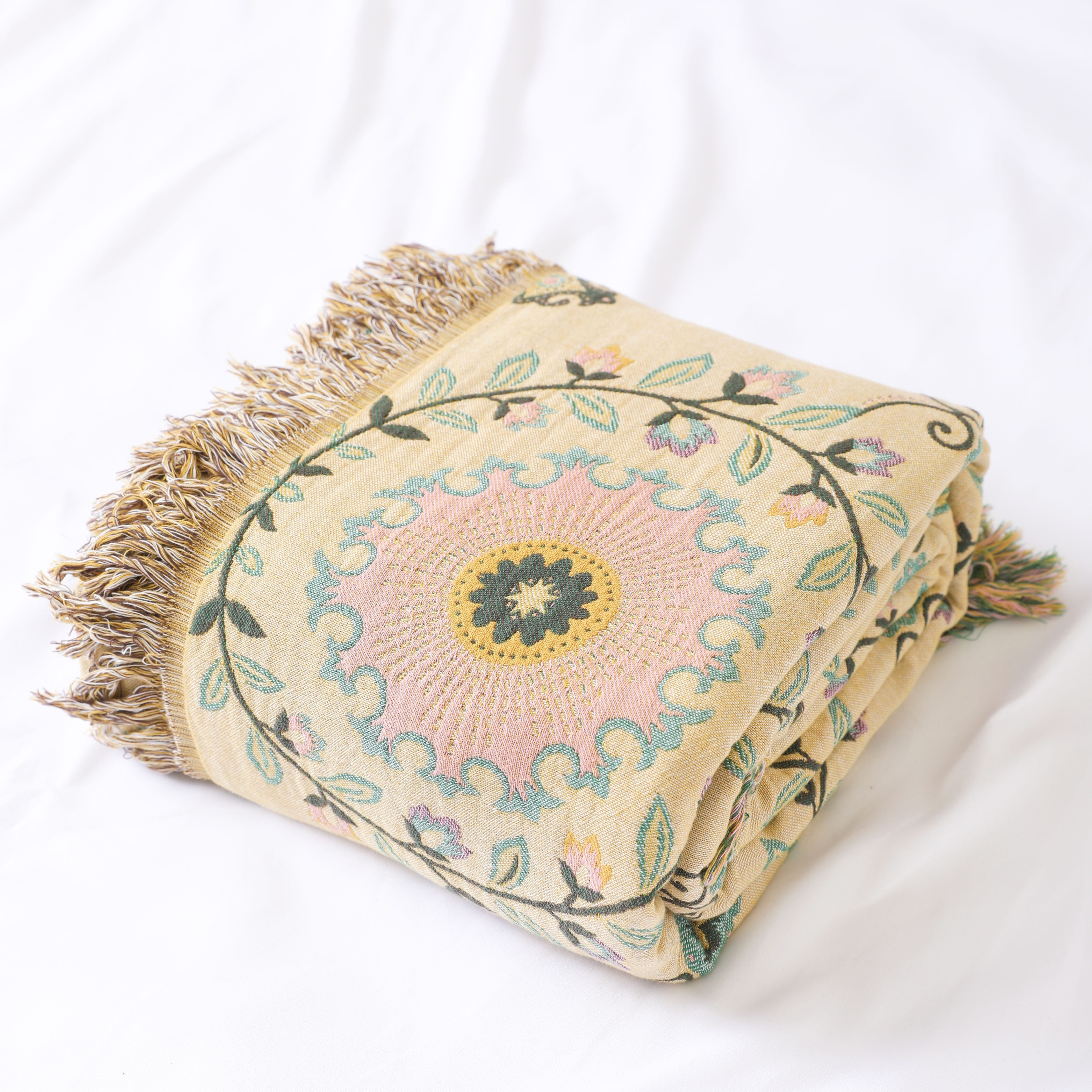 Vintage Inspired Boho Eco Chic Cotton Bed Blanket Fantasy Theme Summer Breathable Coverlet for Double Bed