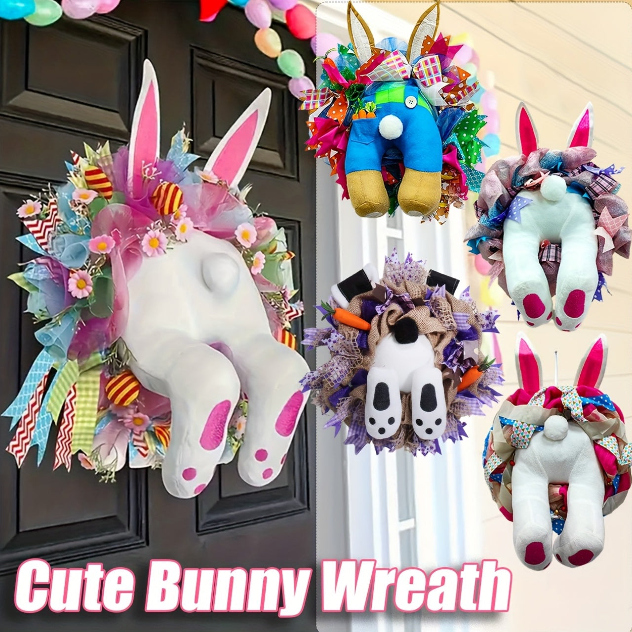 Easter Cute Burglar Bunny Butt Ears Wreath Home Shape Pink Daisy Flower Bee Carrot Decoration Suitable for Spring Home Outdoor Indoor Accessories Gift