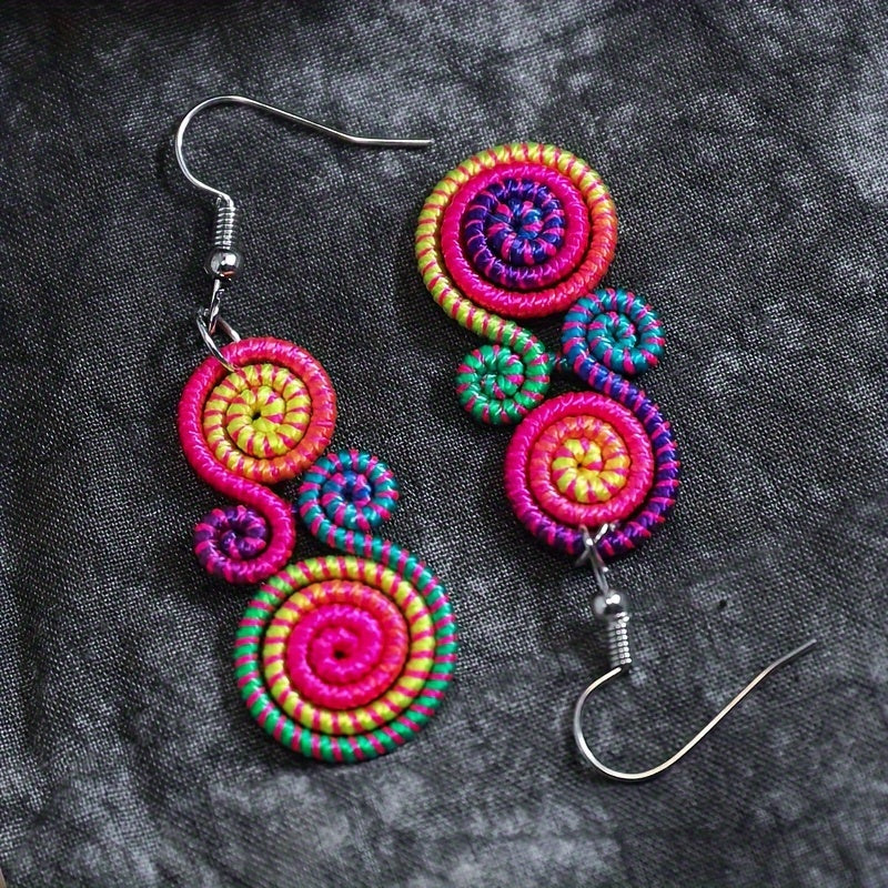Vibrant Rainbow Retro Ethnic Wire Wrap Dangle Earrings Boho Chic Handmade Statement Jewelry
