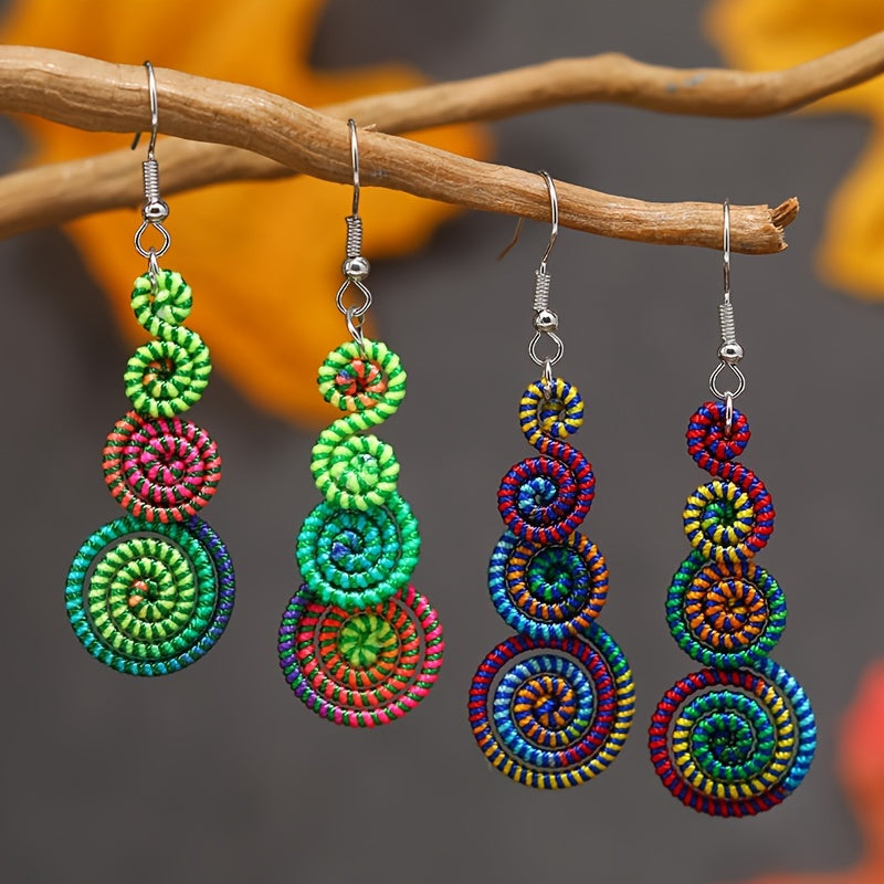 Boho Eco Chic Retro Rainbow Rope Dangle Earrings Handmade Bohemian Statement Jewelry