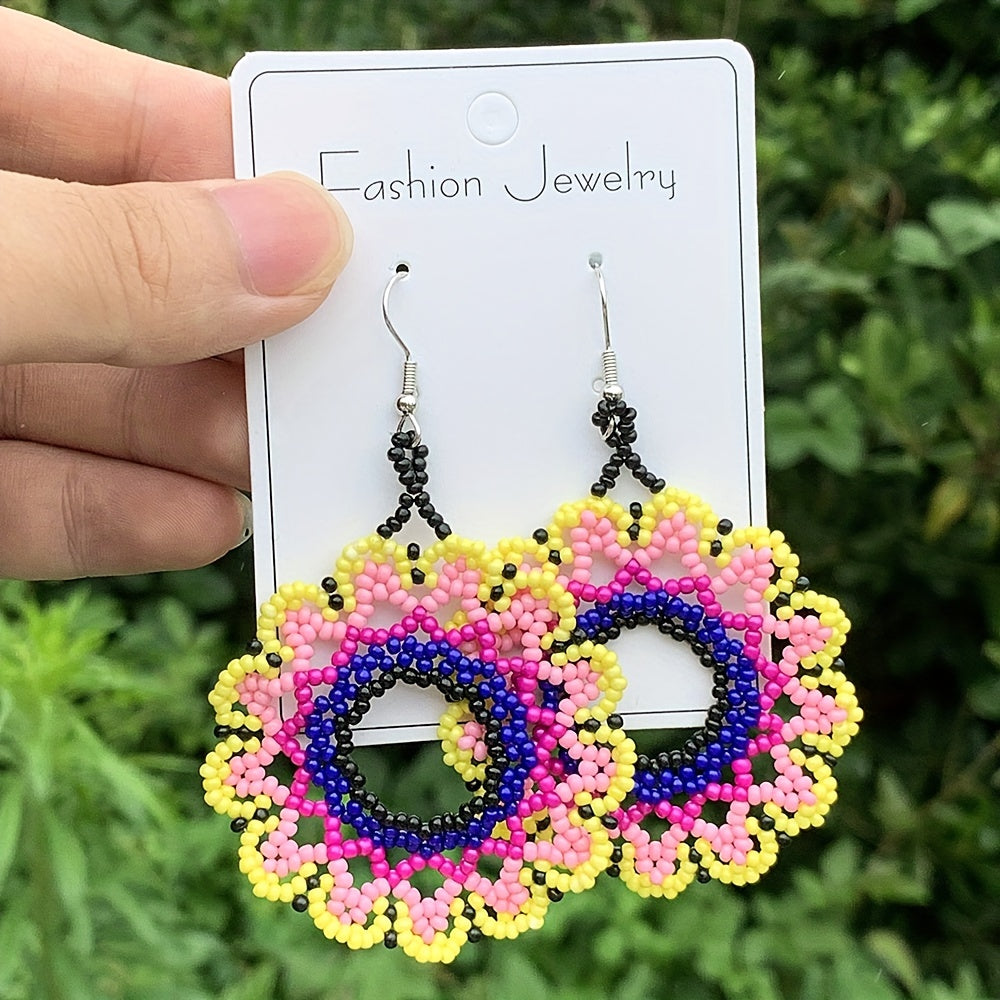 Handmade Beaded Drop Dangle Earrings Boho Flower HollowOut Design Stainless Steel Ear Needle Womens Vacation Style Jewelry Accessory All Seasons Suitable