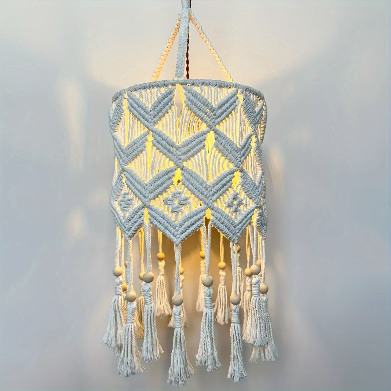 Boho Handmade Macrame Hanging Lamp Shade Warm White Ceiling Pendant Light Cover For Living Room Bedroom Bathroom Artistic Decor CottonMetal Barrel Shape No Battery Needed Bulb Not Included 1Pc