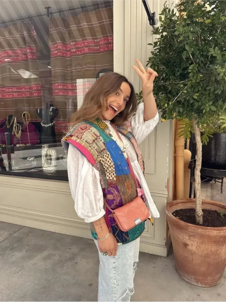 Printed Floral Patchwork Vest for Women - Sleeveless Loose Waistcoat Sweet Vintage Autumn Streetwear - Patchwork Vest