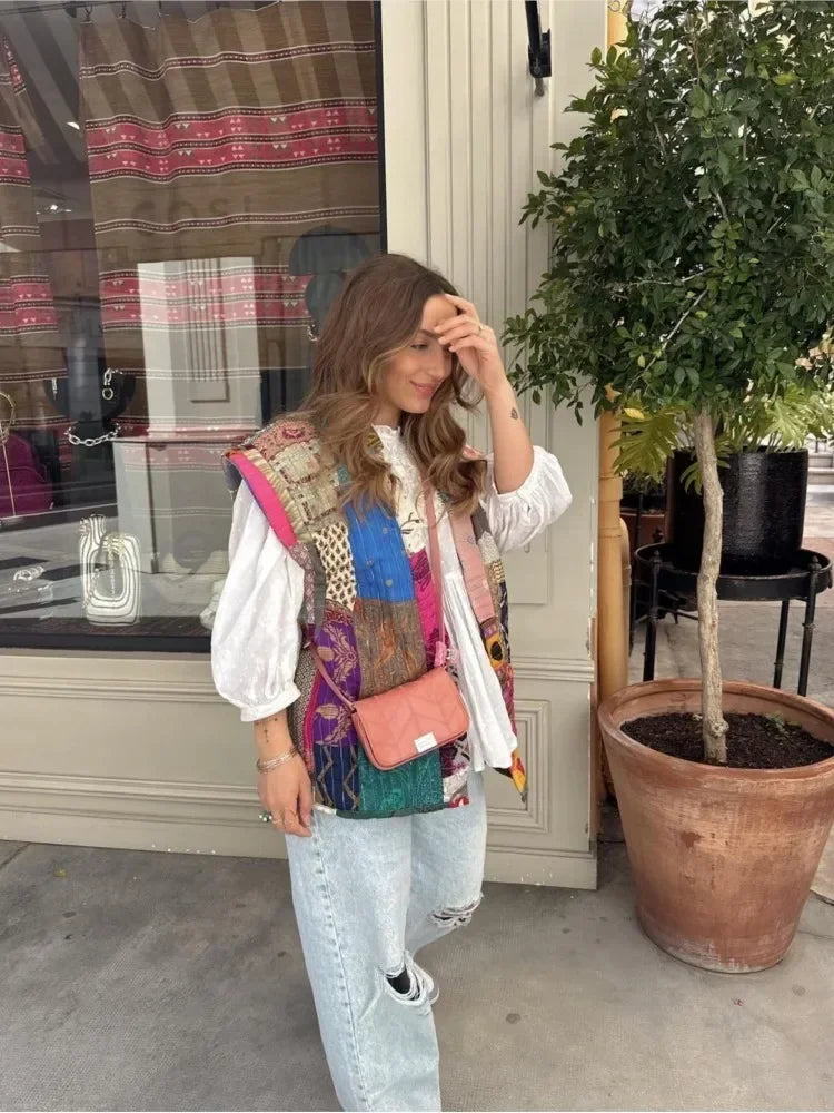 Printed Floral Patchwork Vest for Women - Sleeveless Loose Waistcoat Sweet Vintage Autumn Streetwear - Patchwork Vest
