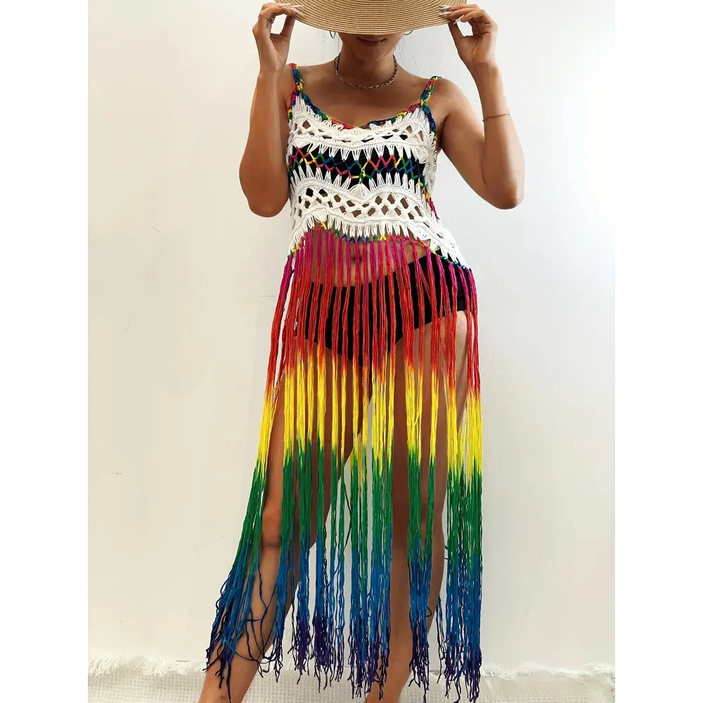 Rainbow Color Tassel Trim Cami Dress - Bohemian-Inspired Sleeveless V-Neck Cover-Up Perfect for Spring and Summer