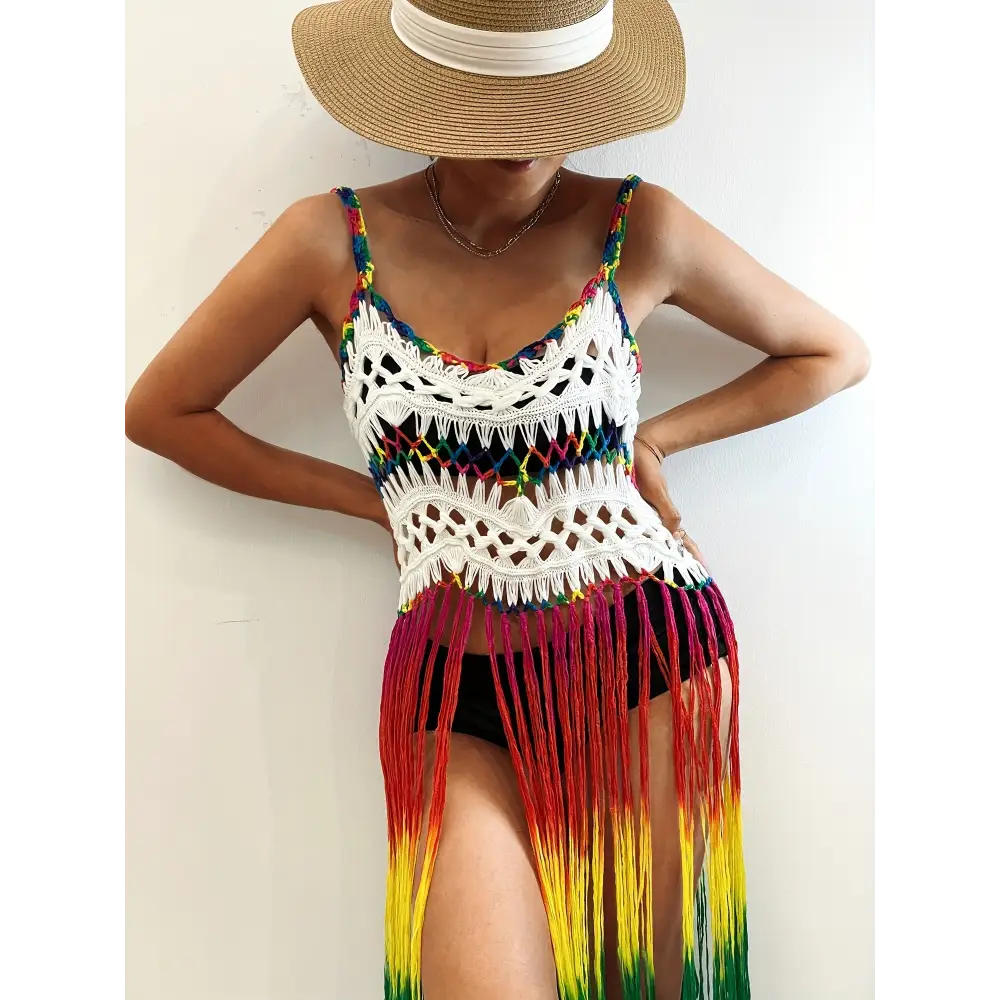 Rainbow Color Tassel Trim Cami Dress - Bohemian-Inspired Sleeveless V-Neck Cover-Up Perfect for Spring and Summer