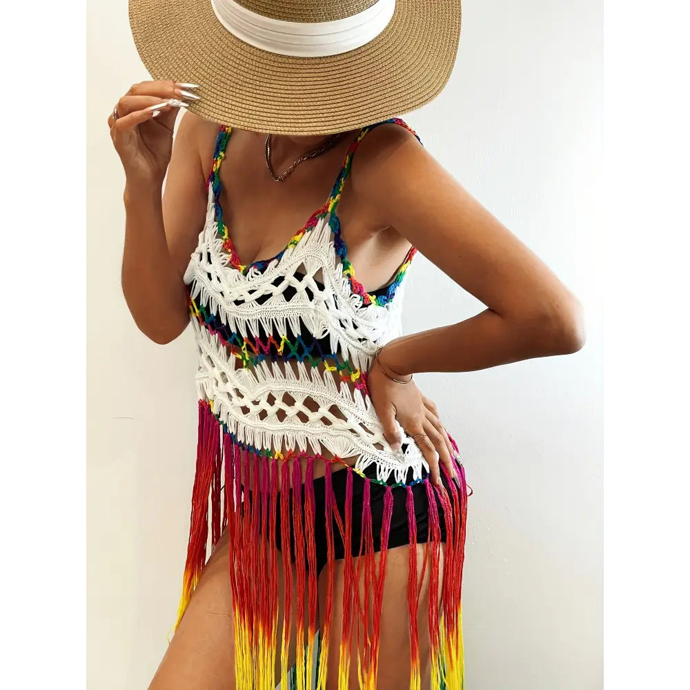 Rainbow Color Tassel Trim Cami Dress - Bohemian-Inspired Sleeveless V-Neck Cover-Up Perfect for Spring and Summer
