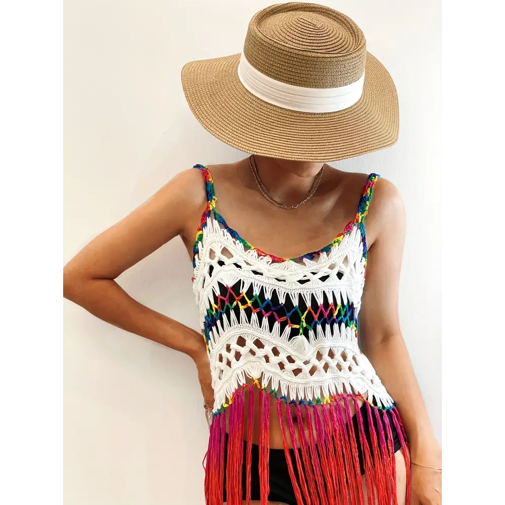 Rainbow Color Tassel Trim Cami Dress - Bohemian-Inspired Sleeveless V-Neck Cover-Up Perfect for Spring and Summer