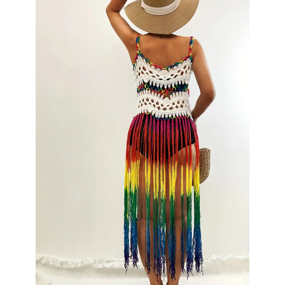 Rainbow Color Tassel Trim Cami Dress - Bohemian-Inspired Sleeveless V-Neck Cover-Up Perfect for Spring and Summer