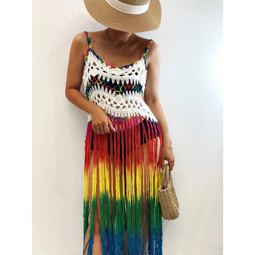 Rainbow Color Tassel Trim Cami Dress - Bohemian-Inspired Sleeveless V-Neck Cover-Up Perfect for Spring and Summer