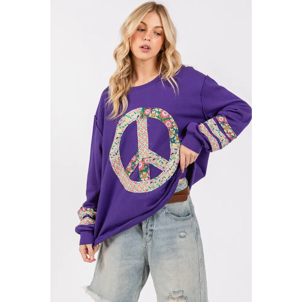 SAGE + FIG Peace Applique Patch Long Sleeve Top - Stylish & Comfortable Casual Wear - Long Sleeve Tops