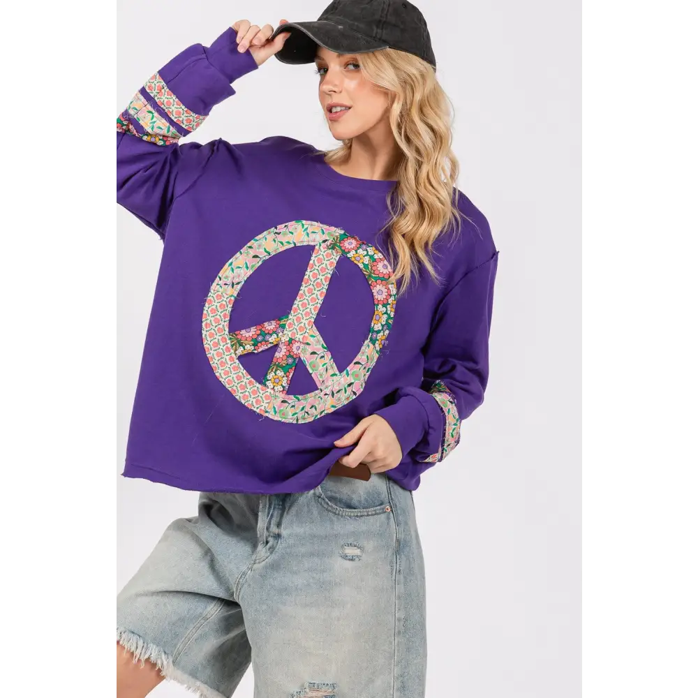 SAGE + FIG Peace Applique Patch Long Sleeve Top - Stylish & Comfortable Casual Wear - Long Sleeve Tops