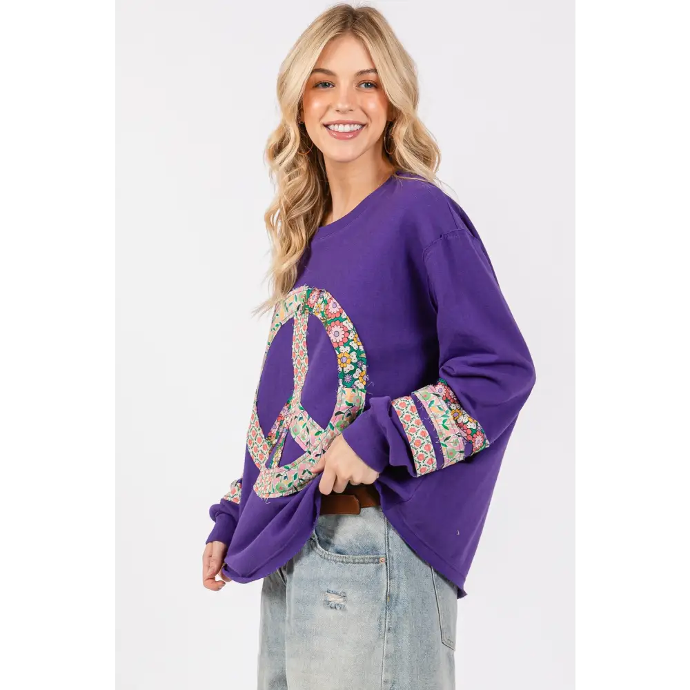SAGE + FIG Peace Applique Patch Long Sleeve Top - Stylish & Comfortable Casual Wear - Long Sleeve Tops