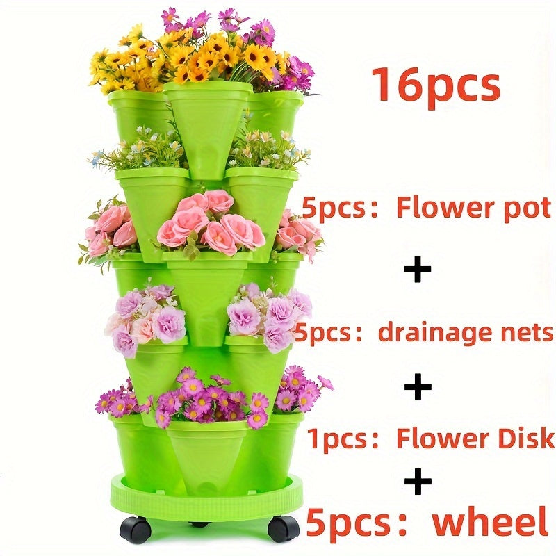 Stackable Vertical Garden Flower Pots Set – 16pcs 5-Layer System - Green / Thicken - Vertical Planters