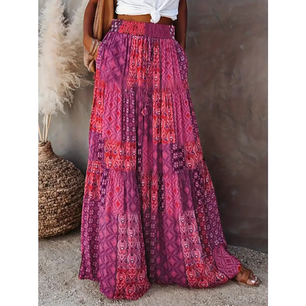 Stunning Bohemian Paisley Print Maxi Skirt - High-Waisted Flowy Design with Side Pockets Perfect for Vacation & Casual