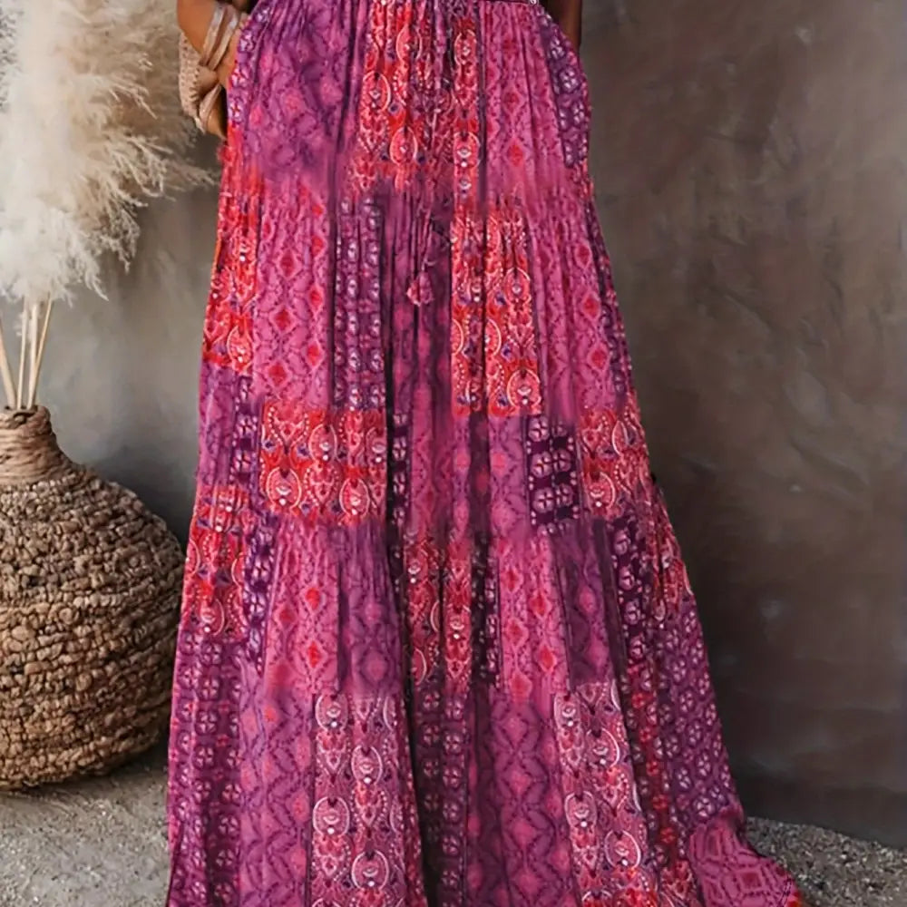 Stunning Bohemian Paisley Print Maxi Skirt - High-Waisted Flowy Design with Side Pockets Perfect for Vacation & Casual