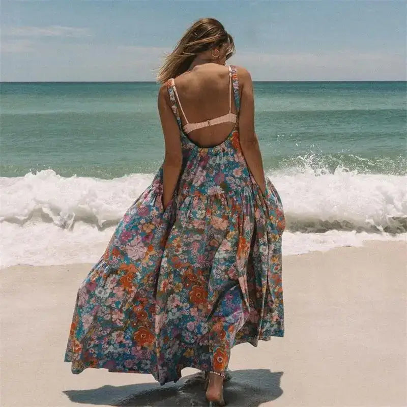 Summer Bohemian Floral Long Dress - Elegant Backless Strap Maxi Swing Beach Dress for Women - Maxi Dresses