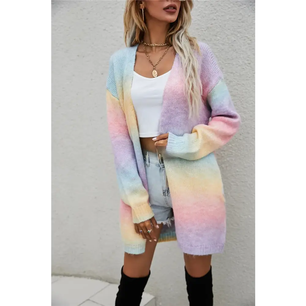 Tie Dye Cardigan Knit Sweater Women Rainbow Jumpers Spring Autumn Winter Maxi Soft Loose Coat Long Knitted Jacket
